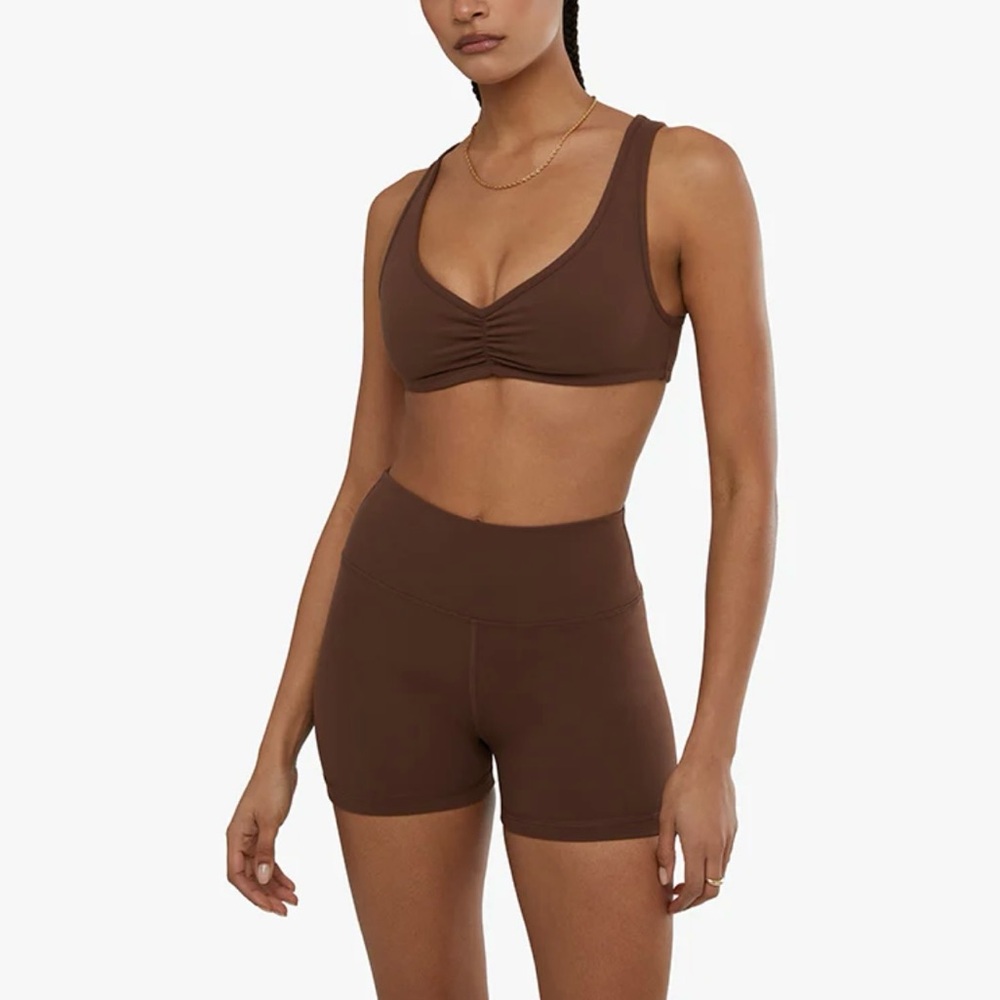 WeWoreWhat brown Hot Shot high waisted athletic shorts.
